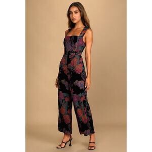 Lulus Moody Vibes Black Burnout Velvet Floral Print Wide-leg Jumpsuit - Size XL